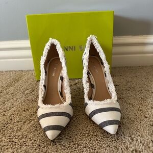 Gianni Bini Elegant Cream and Black High Heels with Fringe Trim